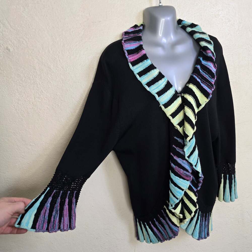 The Pyramid Collection Black Multi-Color Ruffle Open Front Cardigan XL - Picture 3 of 8